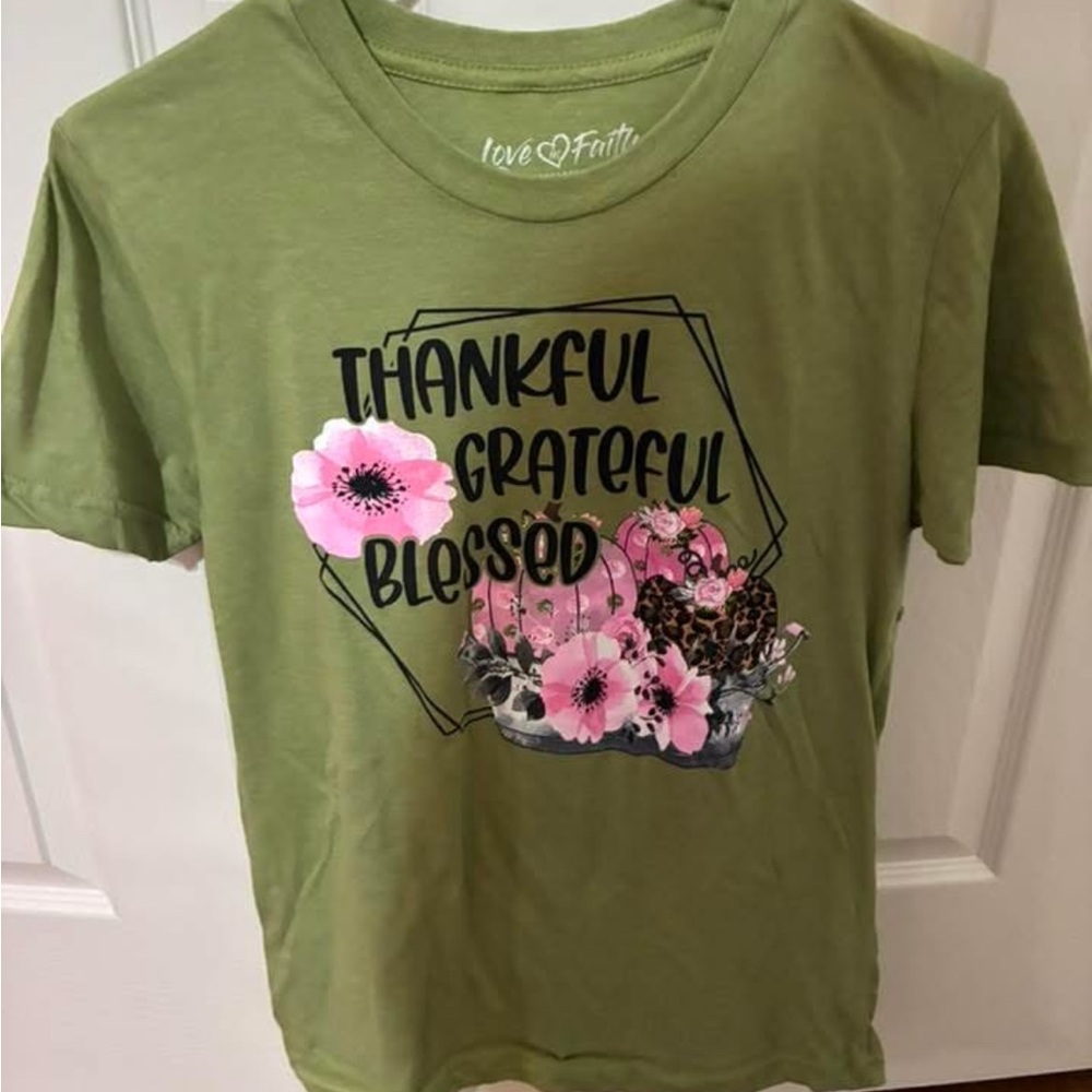 Thankful Grateful Blessed Olive Green Floral Tee